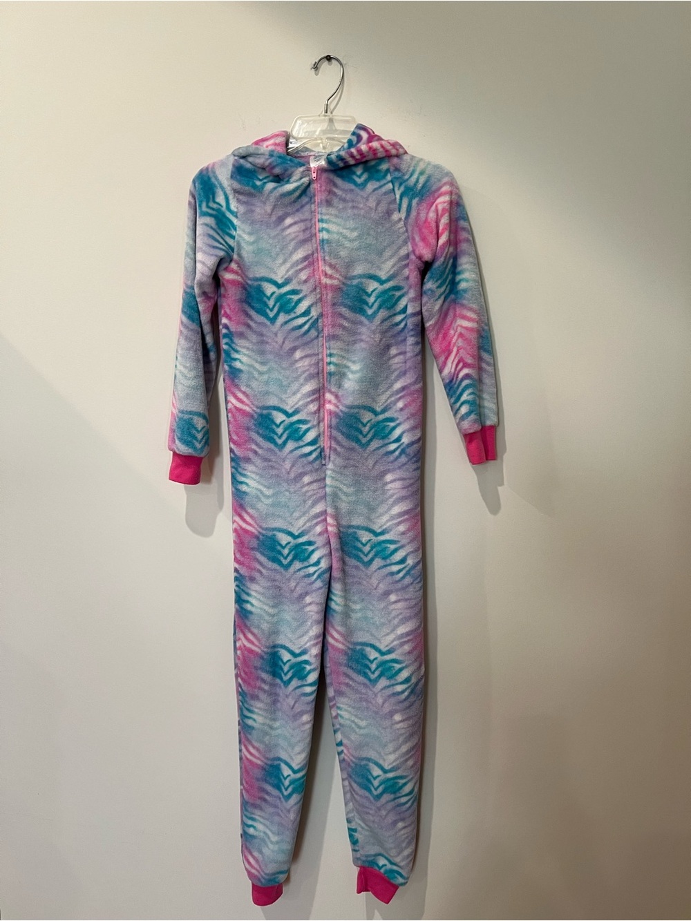 Girls onesie fleece hoodie pajamas, size 10 -12 pink, blue, white geometric